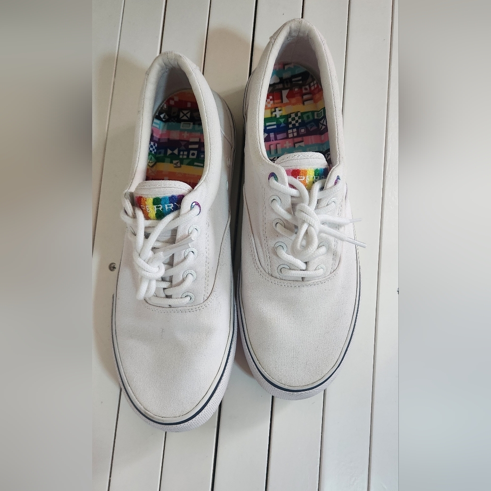 Sperry Shoes Rainbow Bottoms Peace Love LBGTQ White Pride. Size:10.5